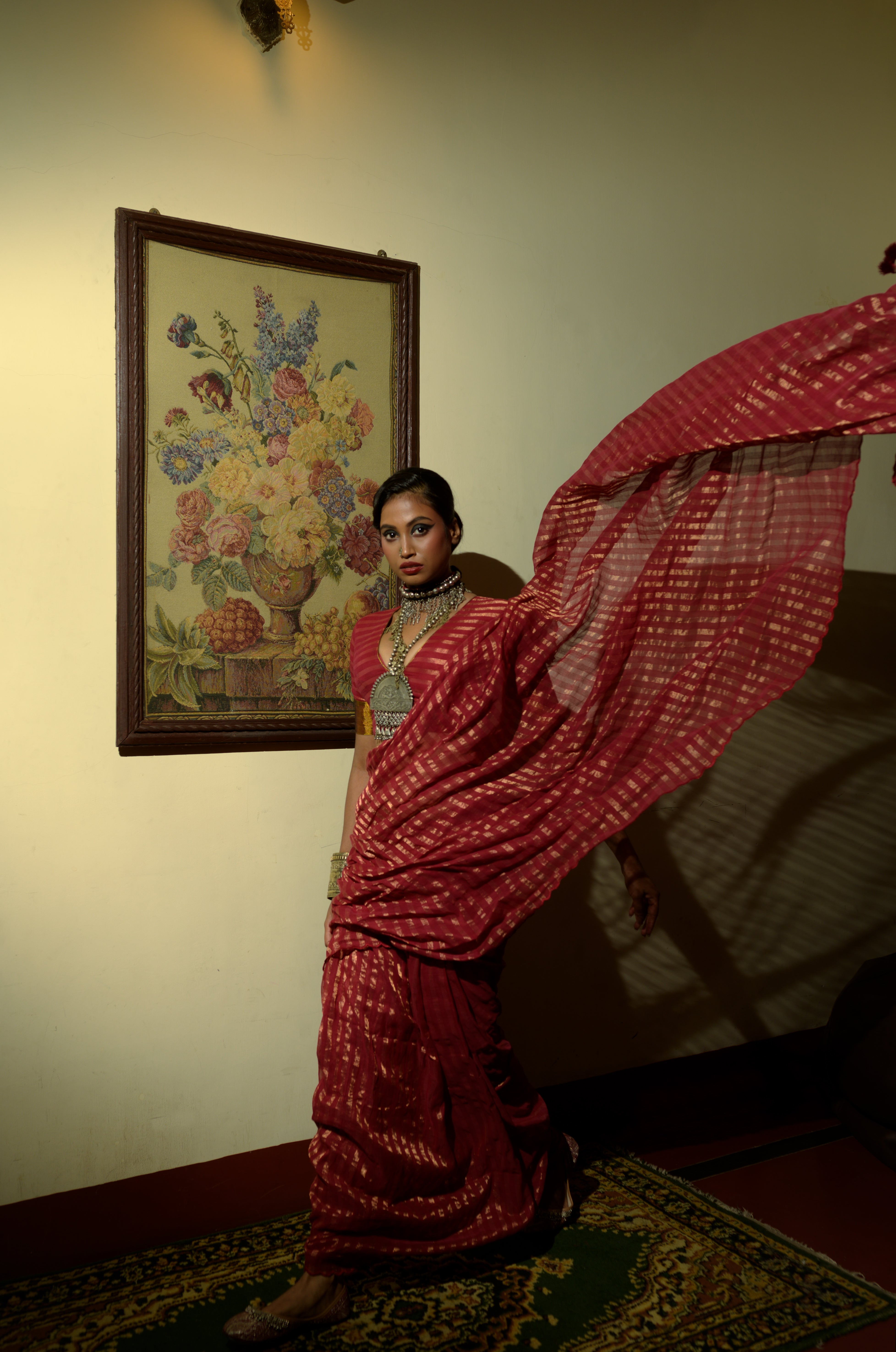 Femme Fatale I Maroon Handloom Cotton Saree With Zari Stripes And Scaloped Border