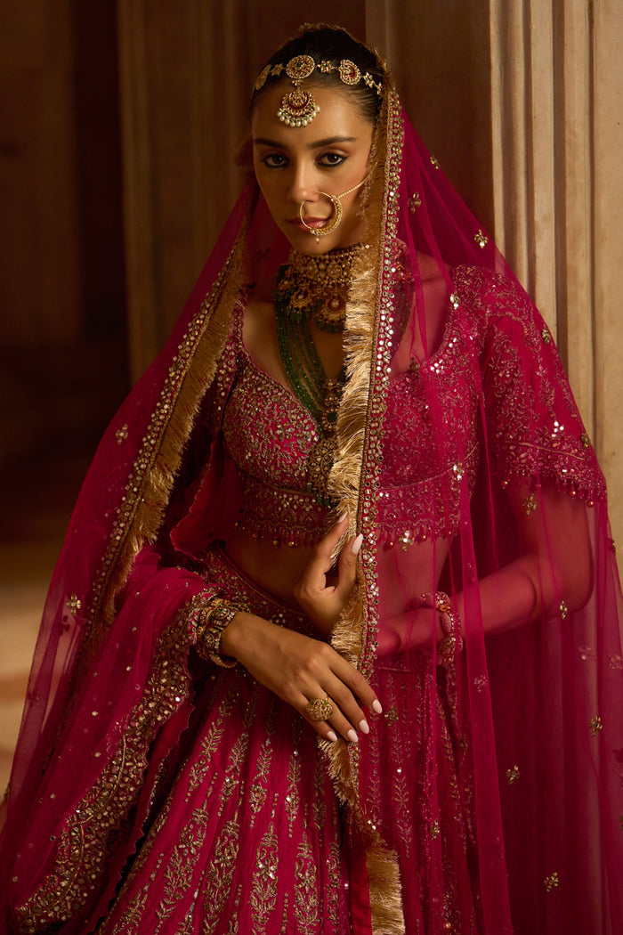 Fuchsia Red Raw Silk Bridal Lehenga Choli with a Tulle Dupatta and an Optional Second Tulle Dupatta