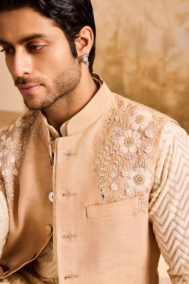 Beige Floral Bundi Jacket Kurta Churidar