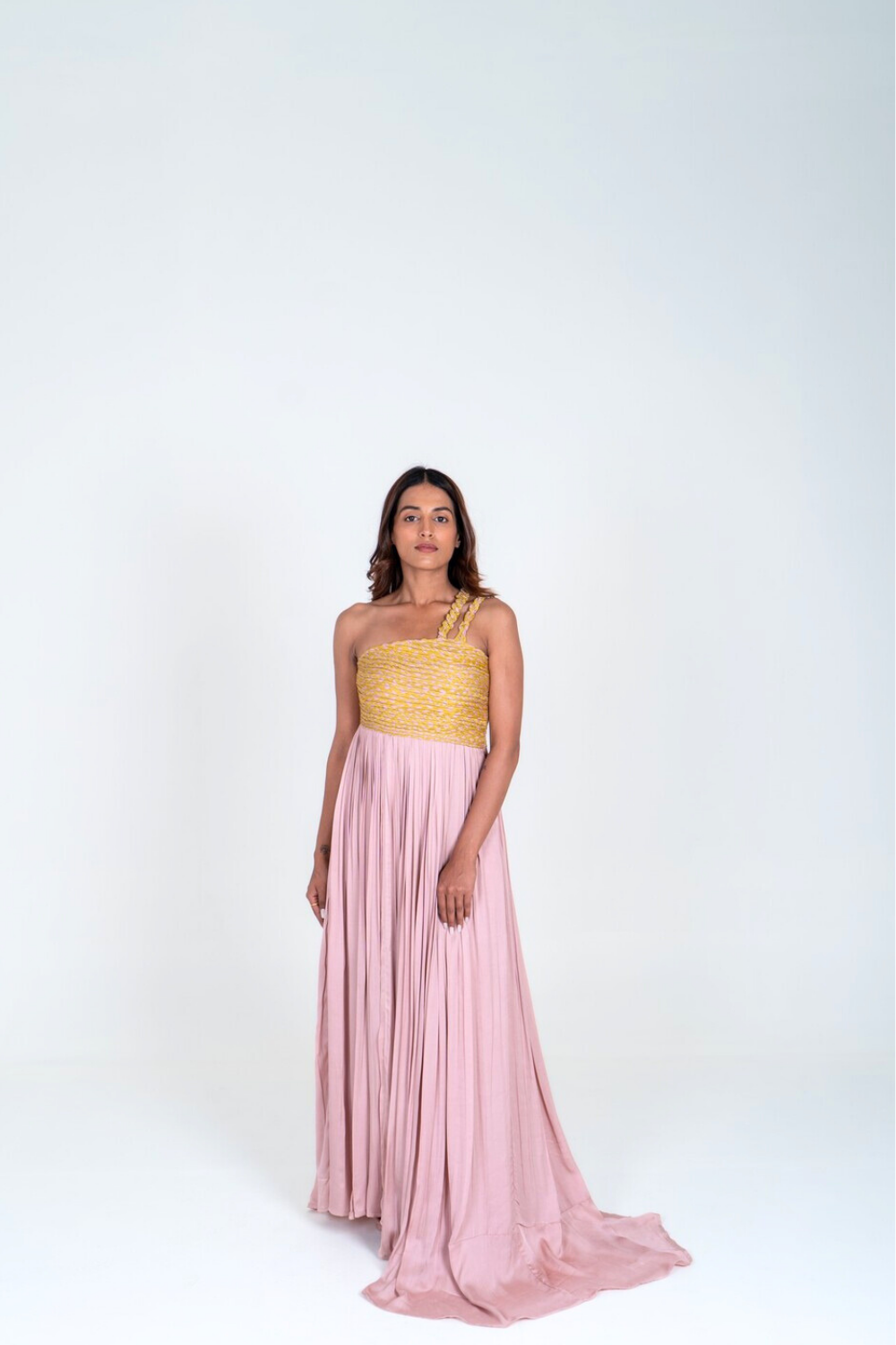 Pink-Yellow Braided Bustier Gather Gown