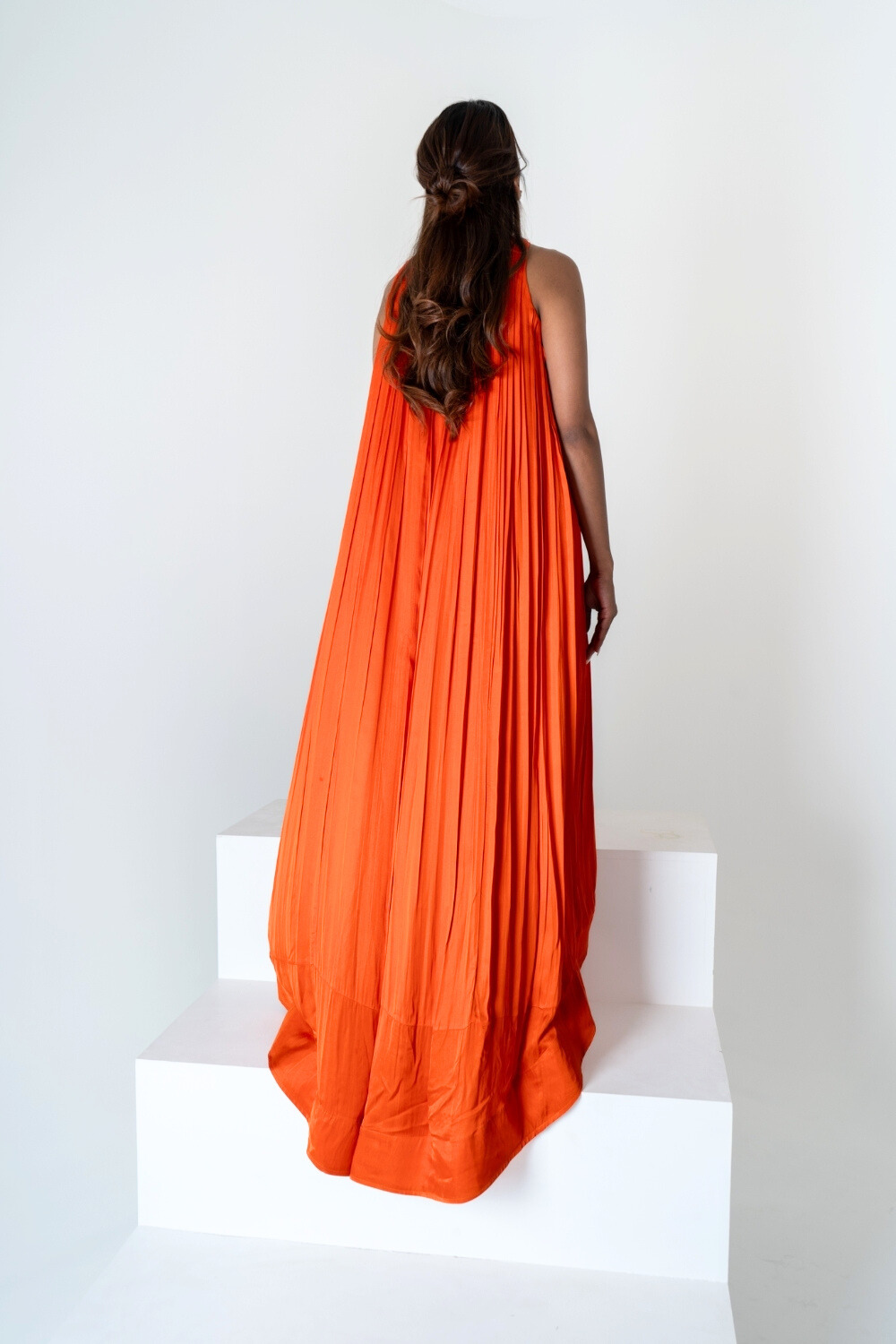 Orange-Pink Braided Halter Neck Gather Gown