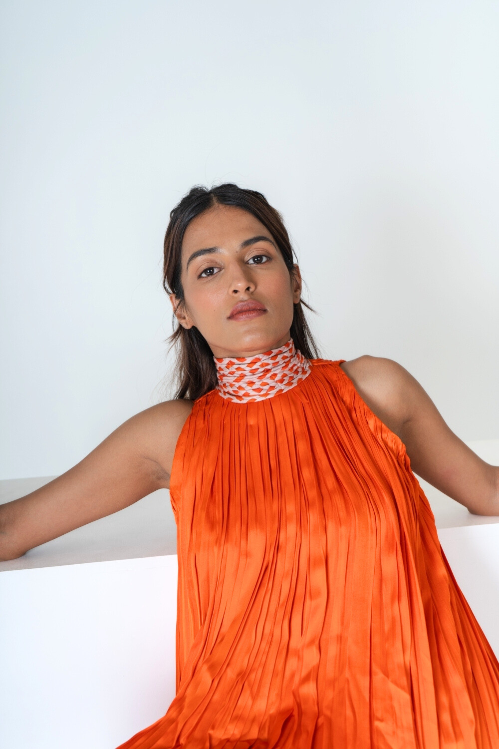 Orange-Pink Braided Halter Neck Gather Gown