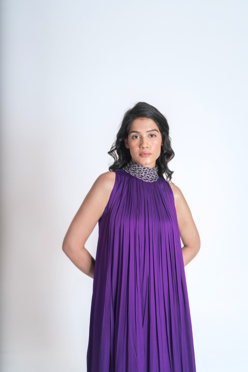 Purple-Green Braided Halter Neck Gather Gown