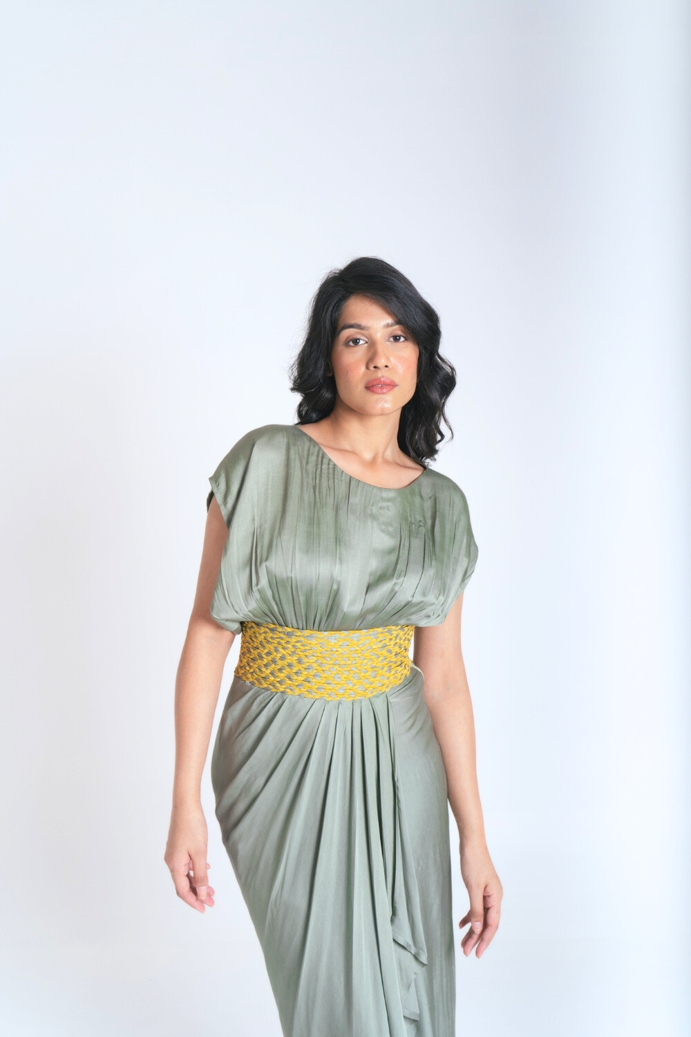 Green-Yellow Braided Cocktail Gown