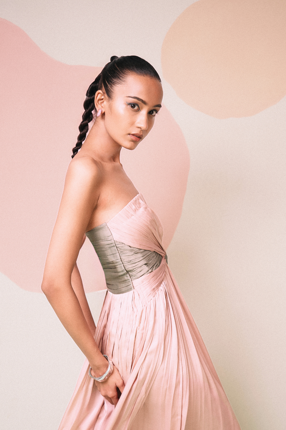 Pink-Green Drape Gown