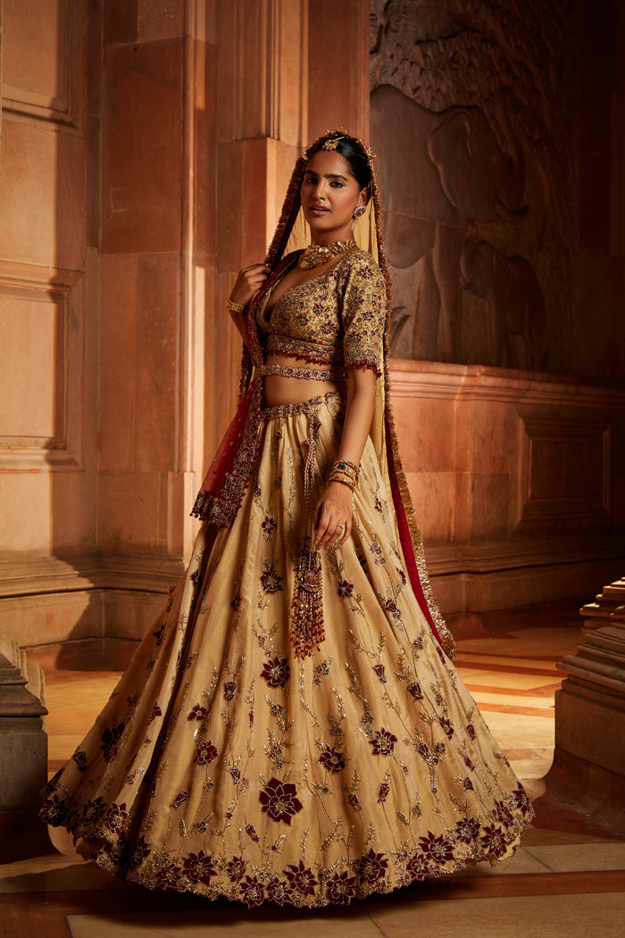 Gold Tissue Lehenga Choli and Belt with contrasting Red Tulle Dupatta and Optional Gold Tissue Second Dupatta