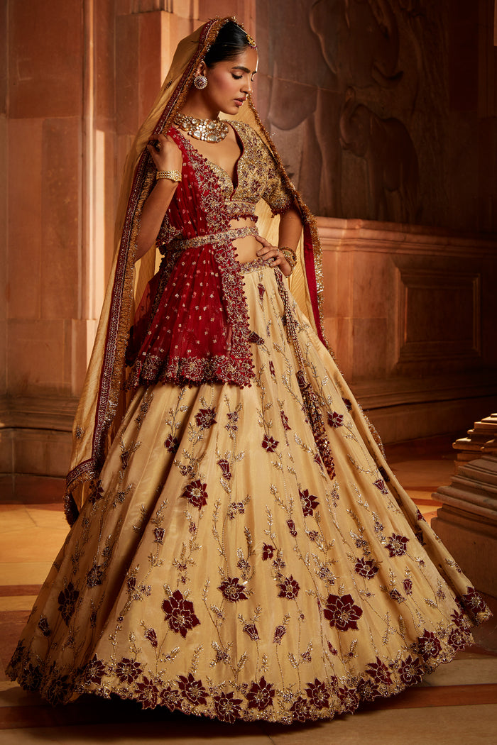 Gold Tissue Lehenga Choli and Belt with contrasting Red Tulle Dupatta and Optional Gold Tissue Second Dupatta