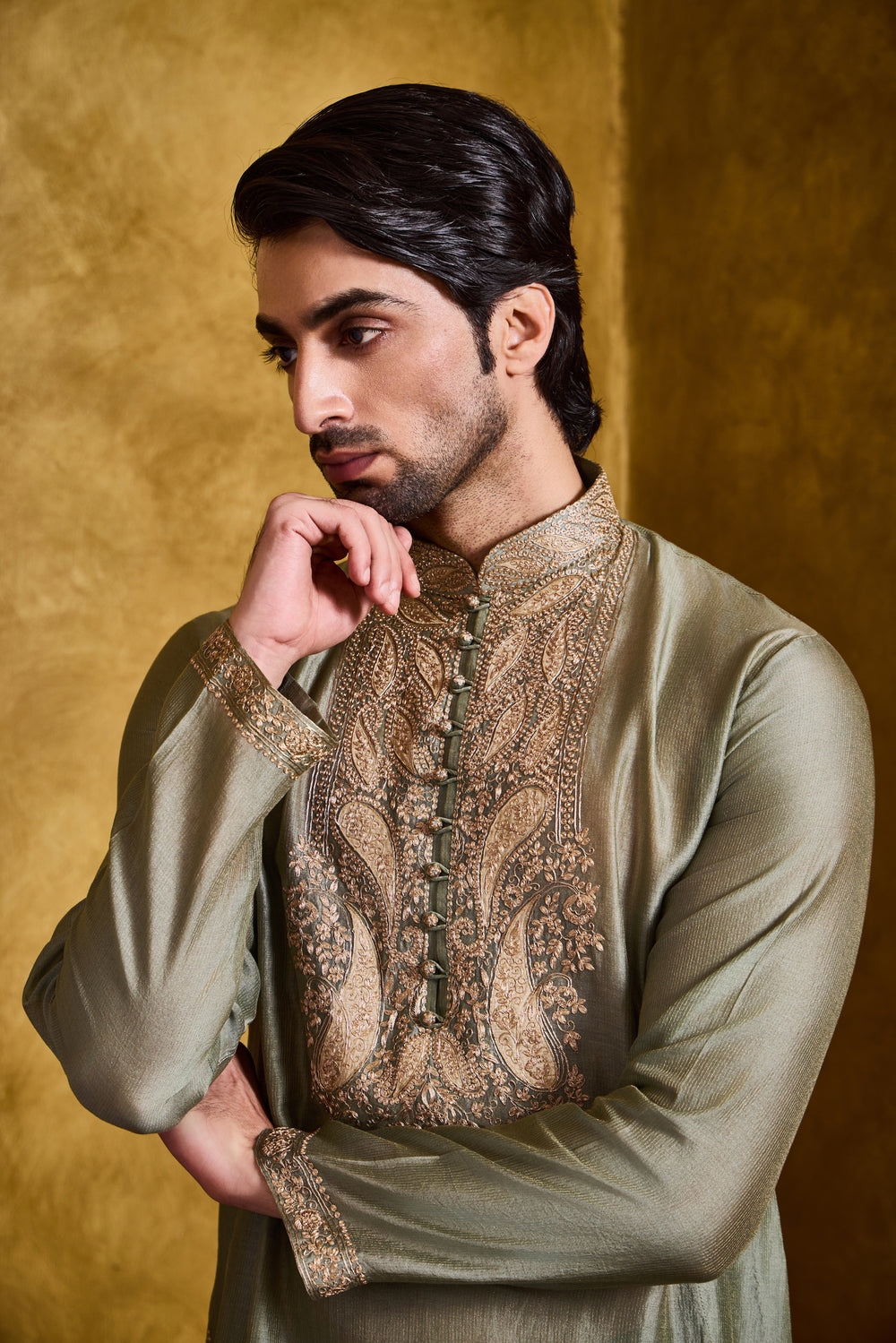 Dark Olive Green Chanderi Kurta Churidar Set