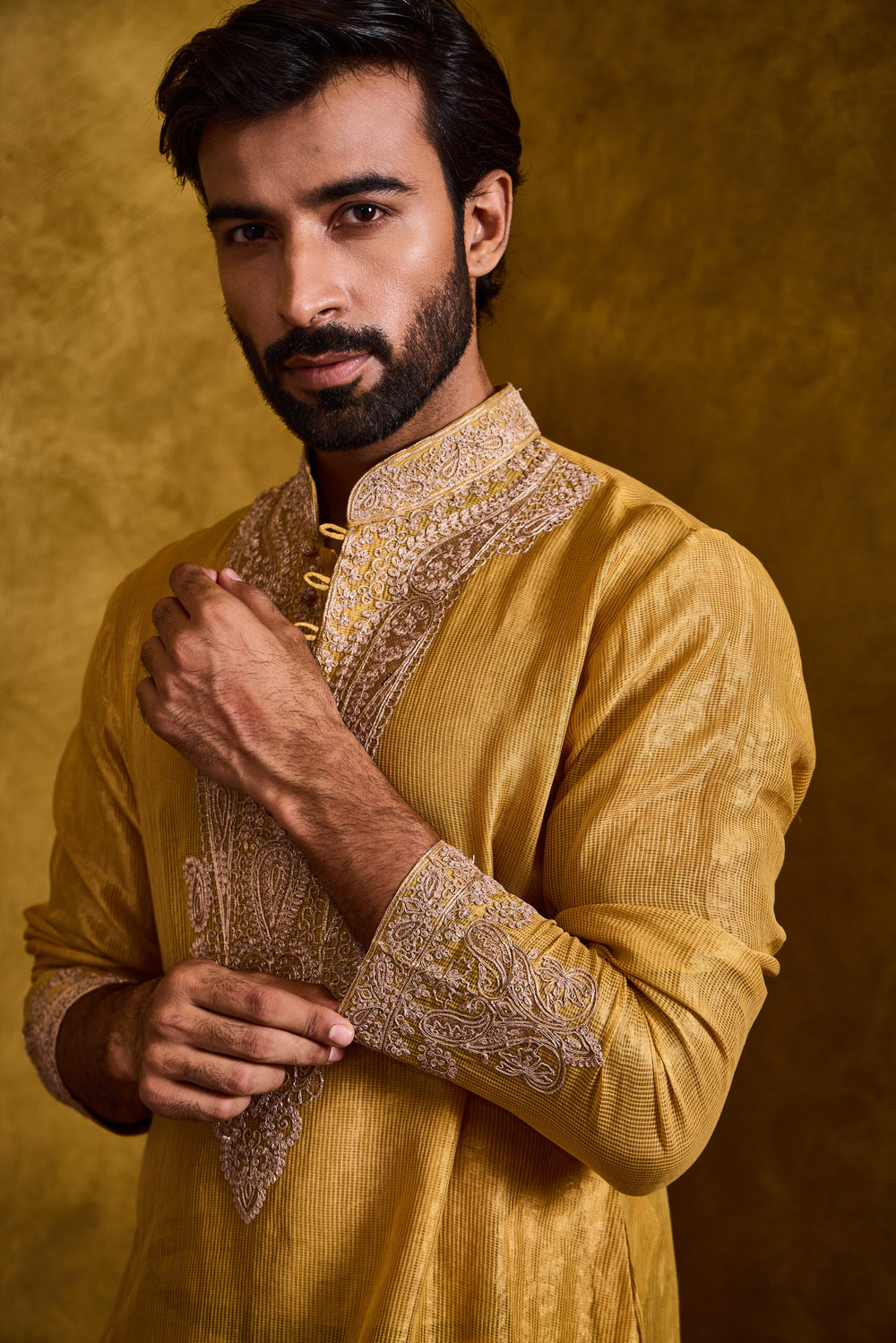 Mustard Tissue Chanderi Kurta Dhoti Set