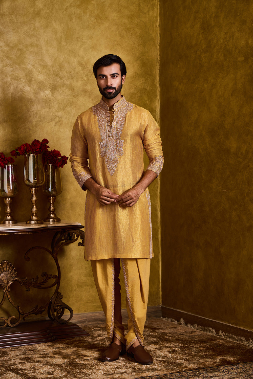 Mustard Tissue Chanderi Kurta Dhoti Set