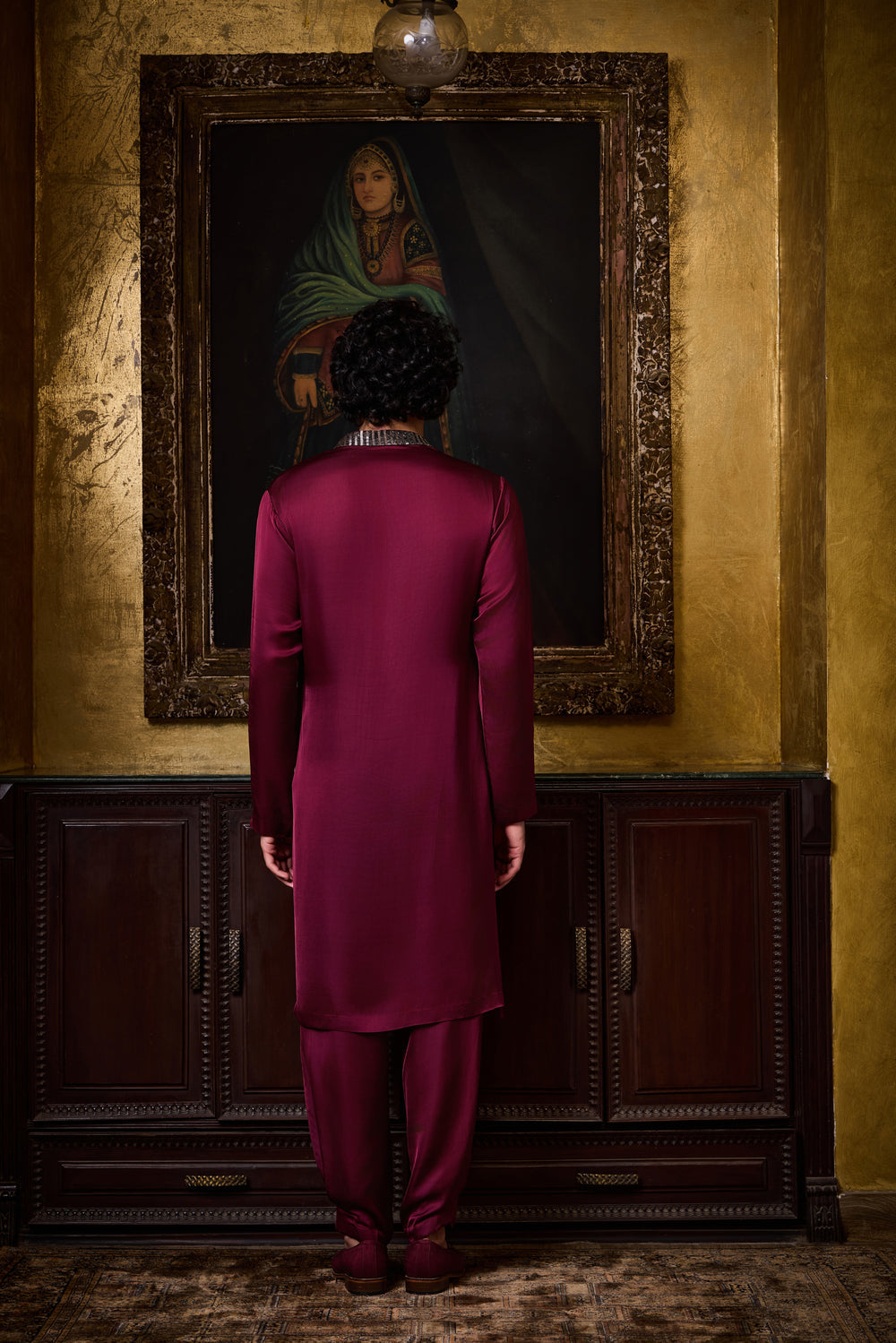 Burgundy Draped Satin Kurta Cowled Salwar Set