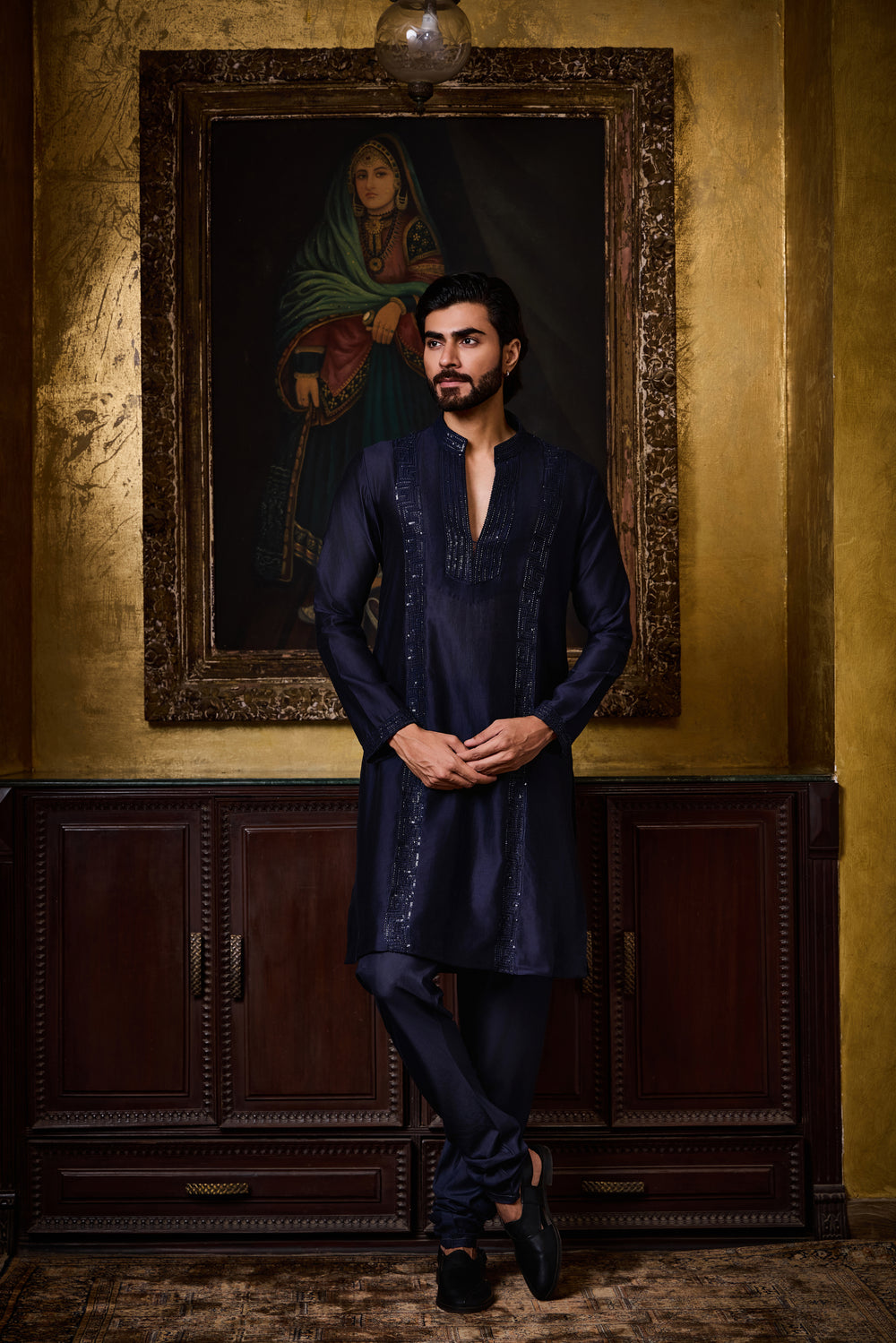 Navy Chanderi Kurta Churidar Set