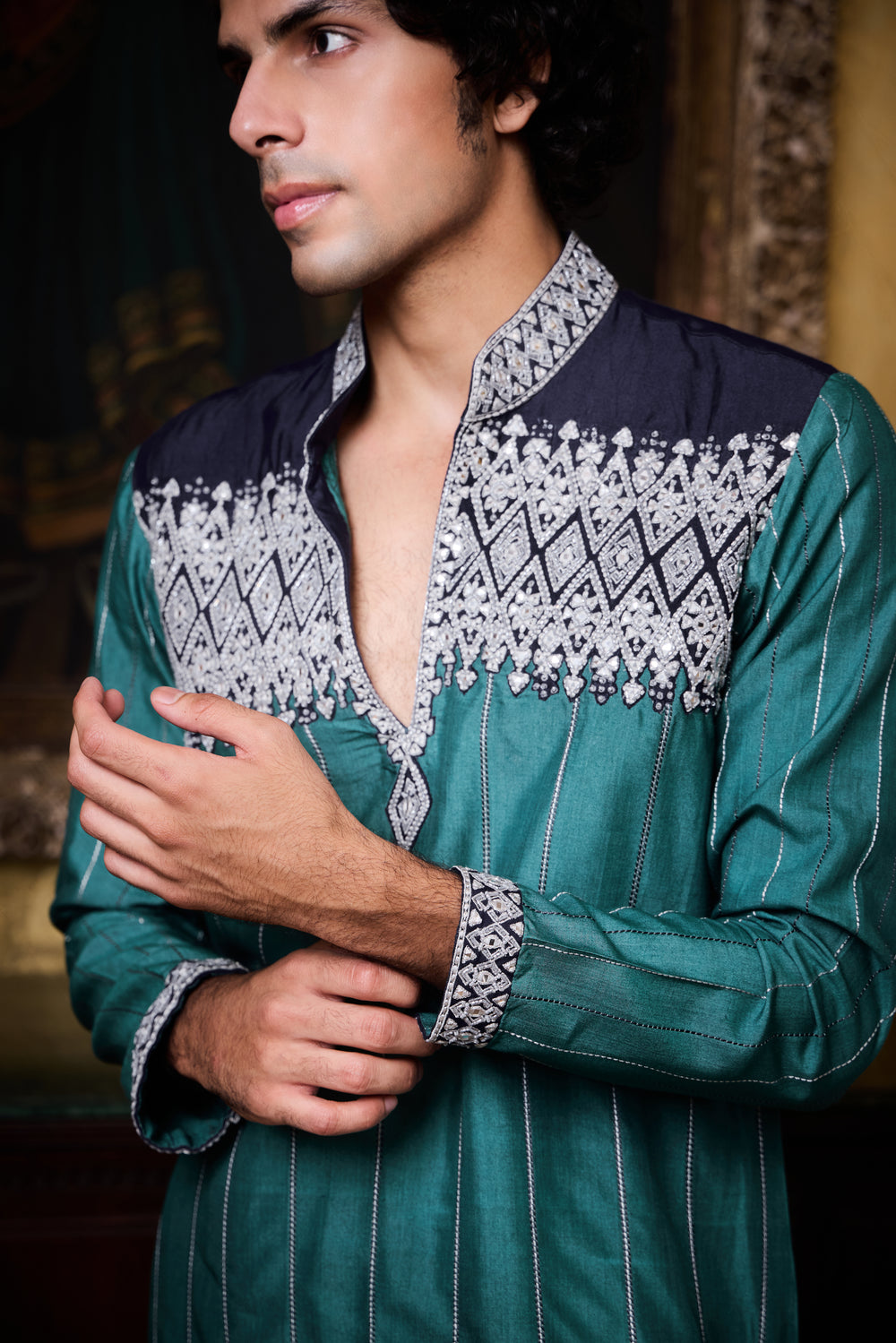 Teal Navy Dhagai Kurta Set