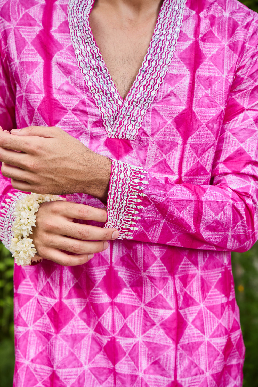 Fuschia Shibori Tie-Dye Embroidery Silk Kurta Trouser Set