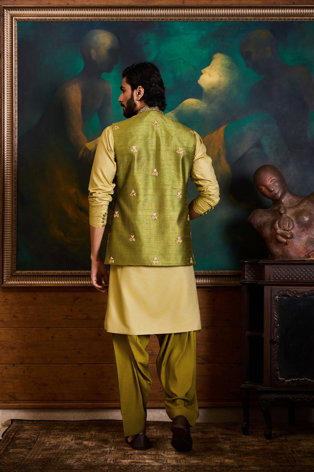 Olive Green Bundi Kurta Set