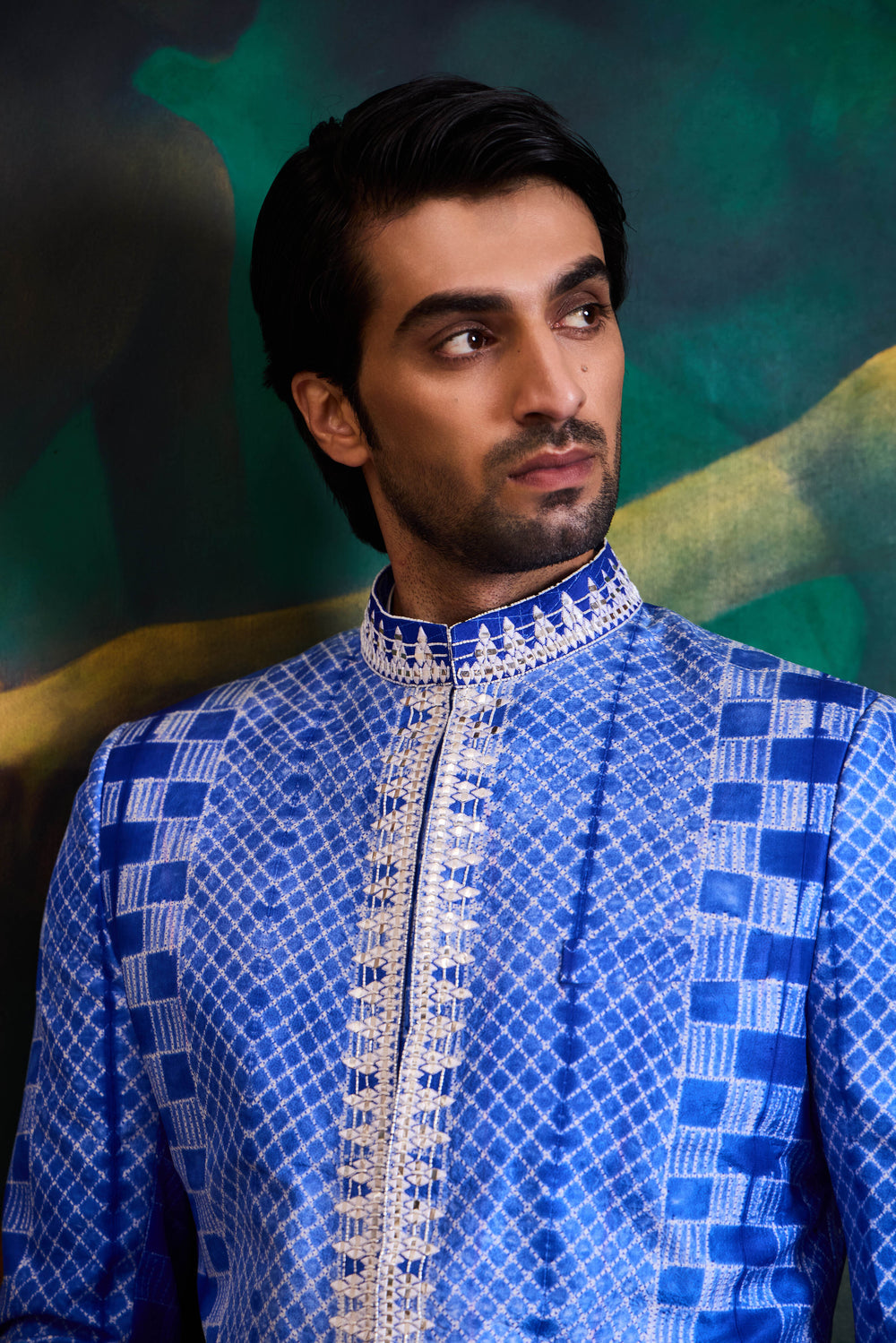 Blue Shibori Short Sherwani Dhoti Set