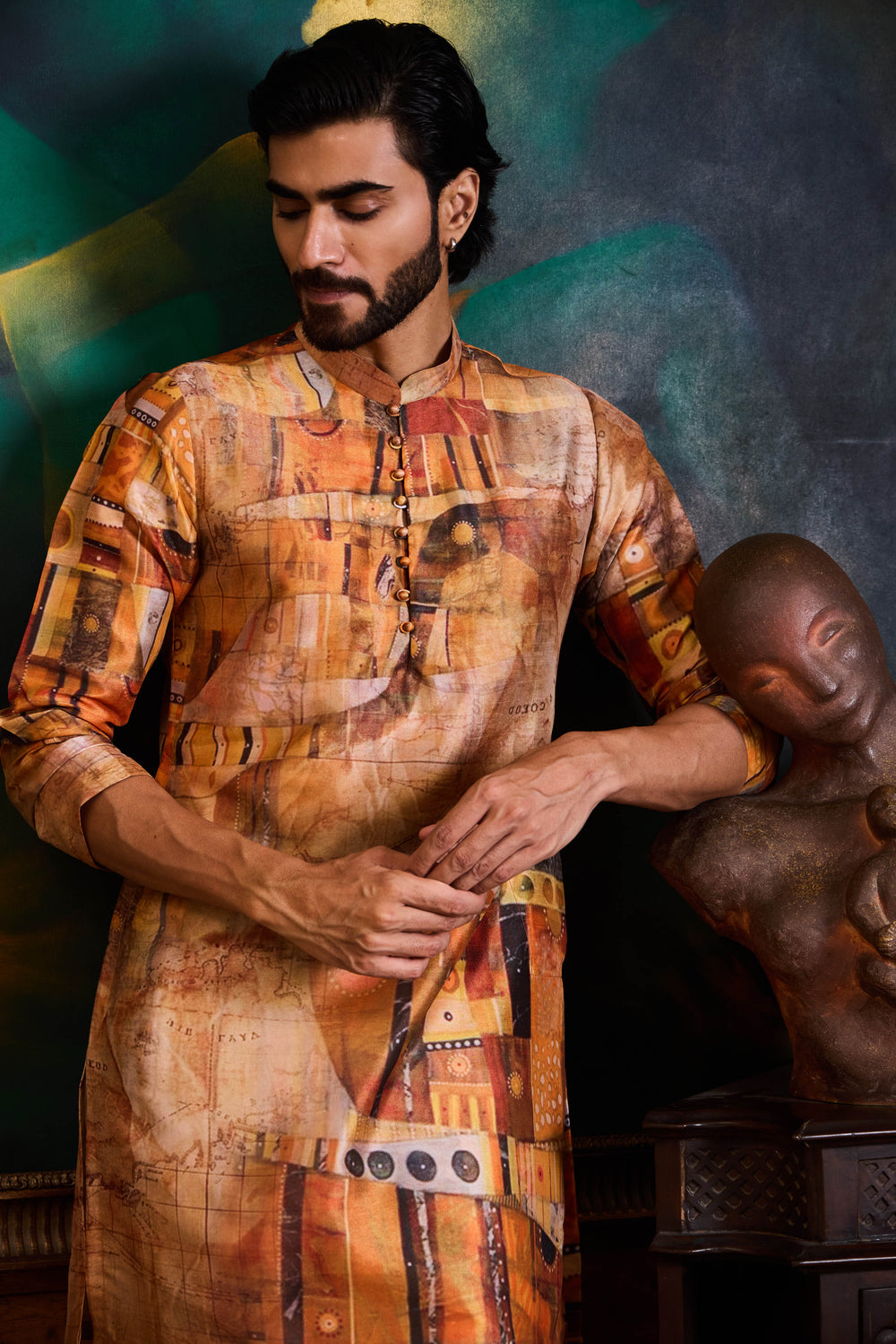 Mustard Printed Kurta Churidar Set