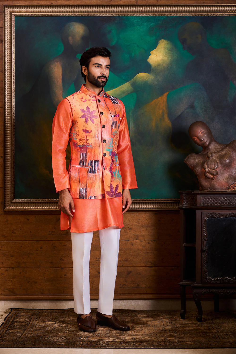 Peach Coral Printed Kurta Bundi Set