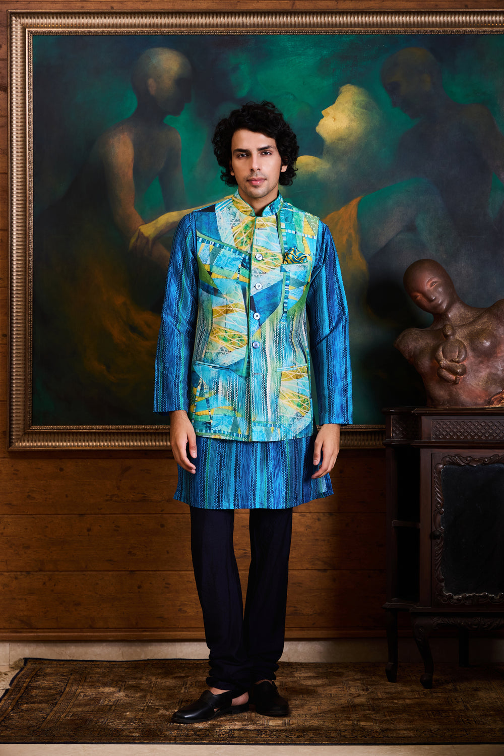 Turq Blue Printed Kurta Bundi Set