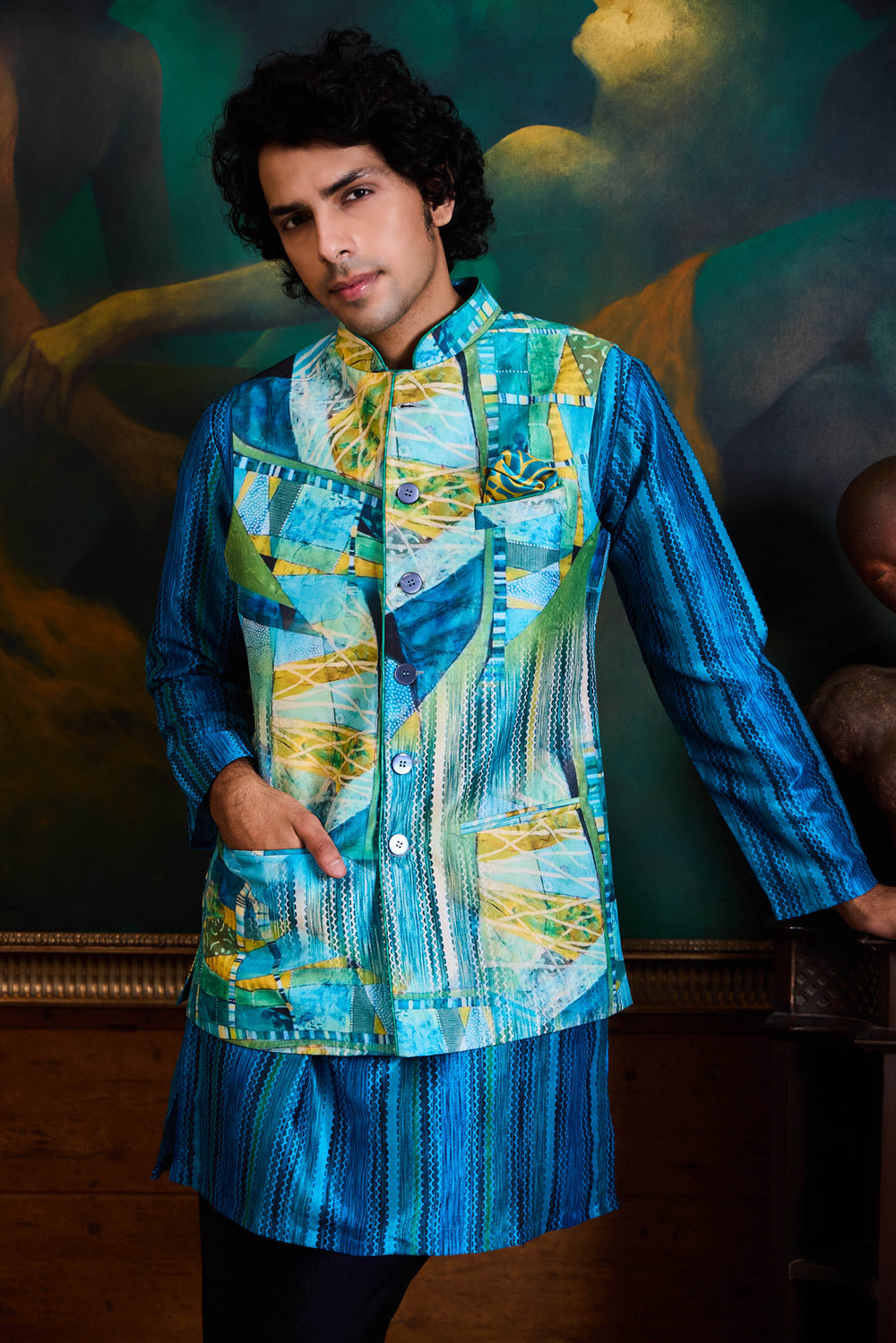 Turq Blue Printed Kurta Bundi Set
