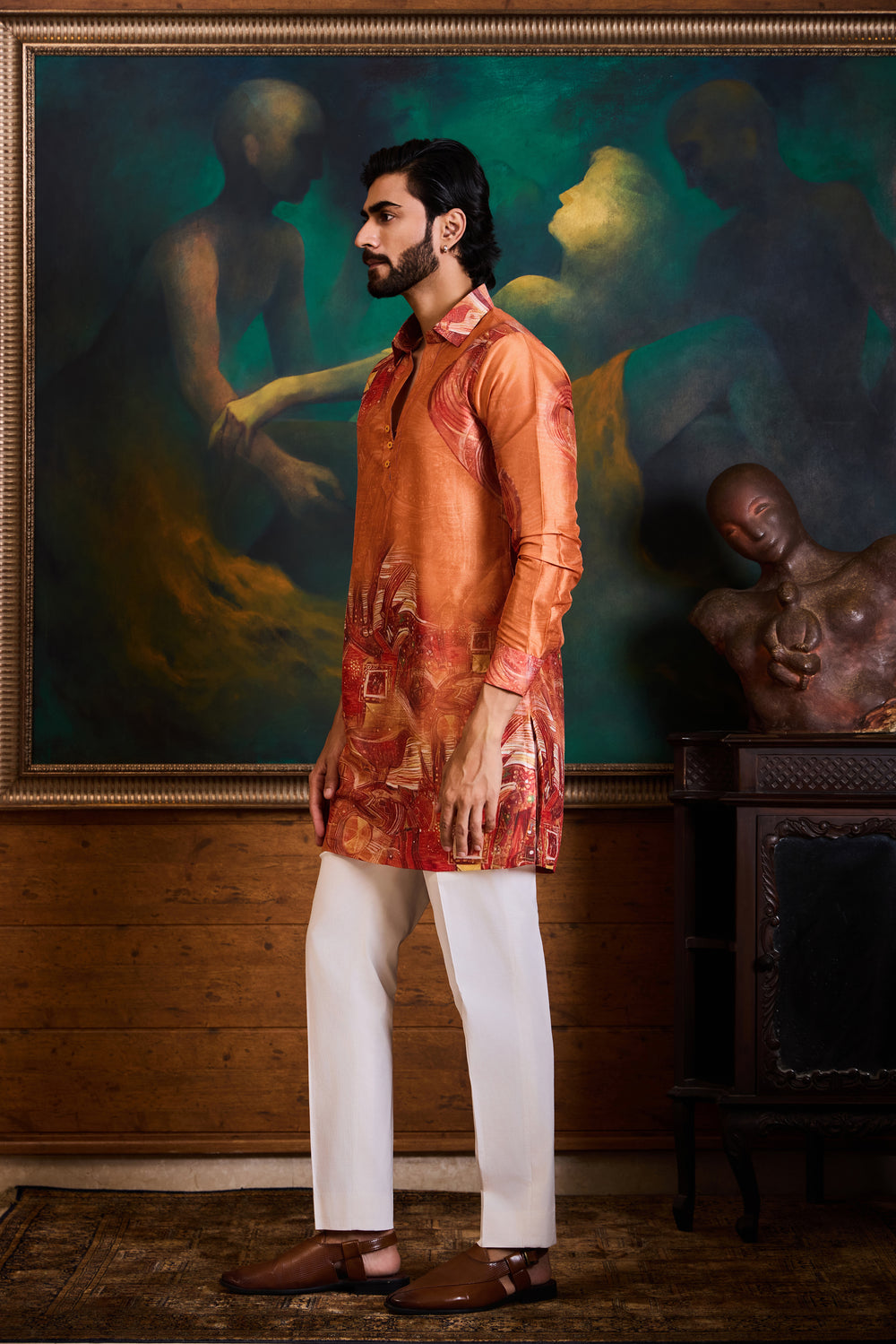 Orange Printed Kurta Pant Set
