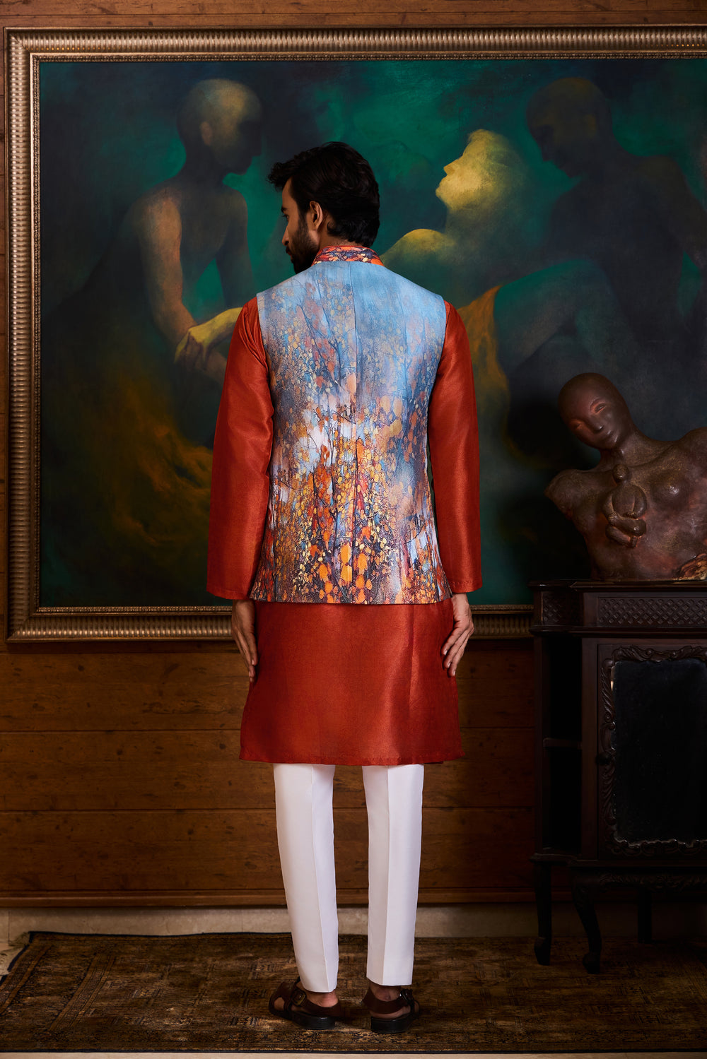 Grey Rust Printed Kurta Bundi Set