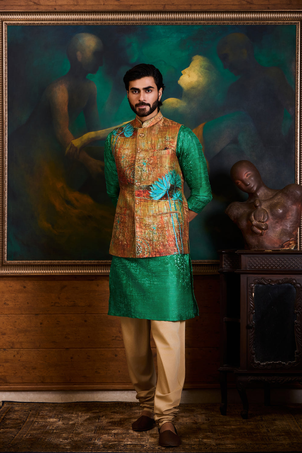 Emerald Rust Printed Kurta Bundi Set