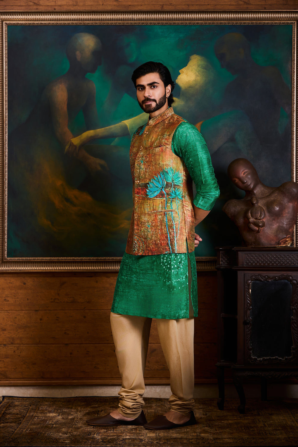 Emerald Rust Printed Kurta Bundi Set
