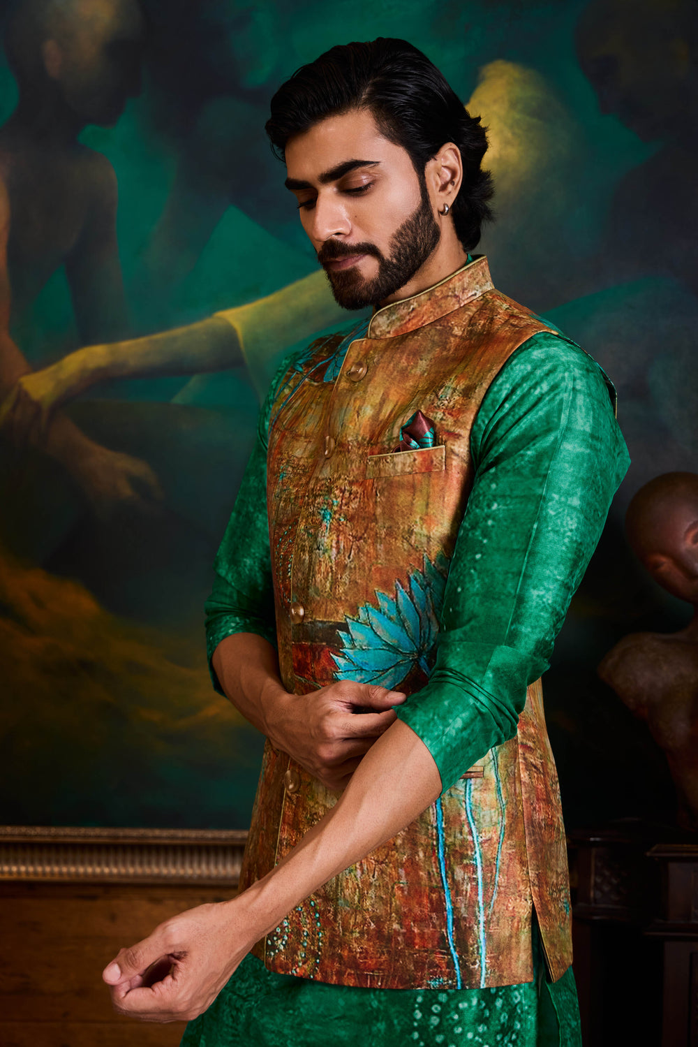 Emerald Rust Printed Kurta Bundi Set