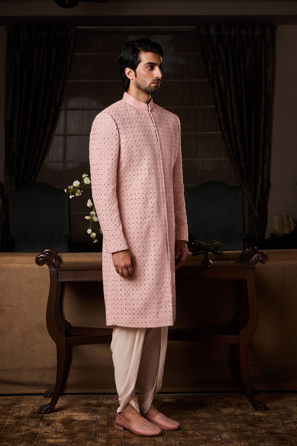 Peach Sherwani Kurta Dhoti Set
