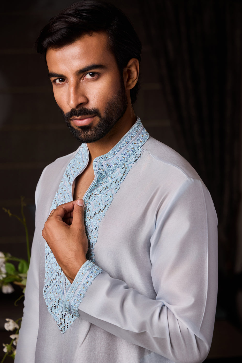 Powder Blue Chanderi Kurta Beadwork Set