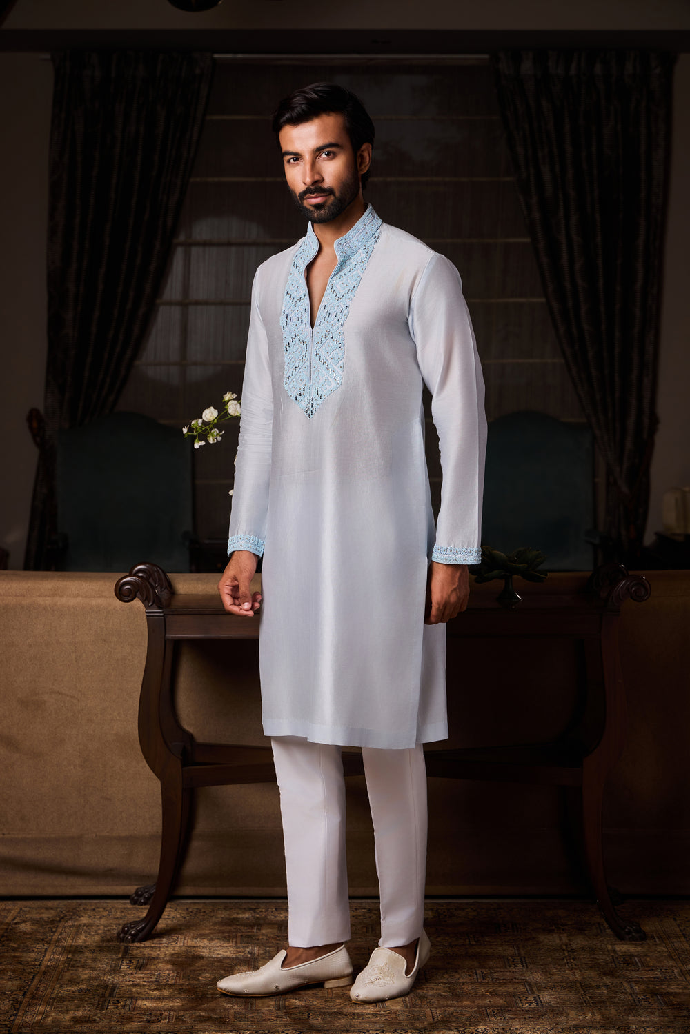 Powder Blue Chanderi Kurta Beadwork Set