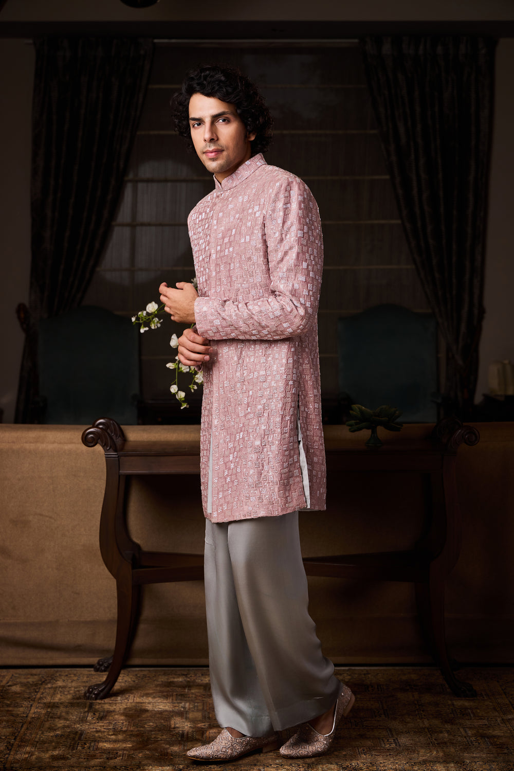Dusty Rose Pink Short Sherwani Set