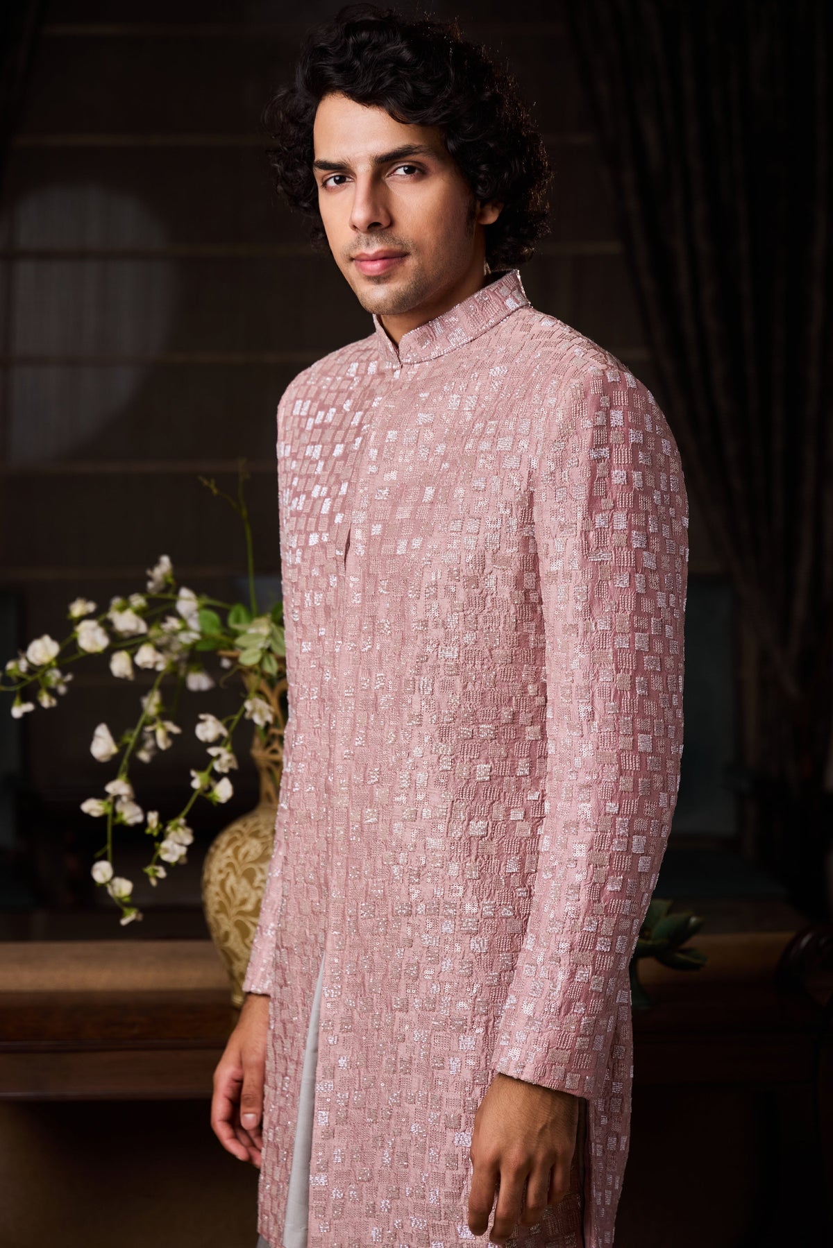 Dusty Rose Pink Short Sherwani Set