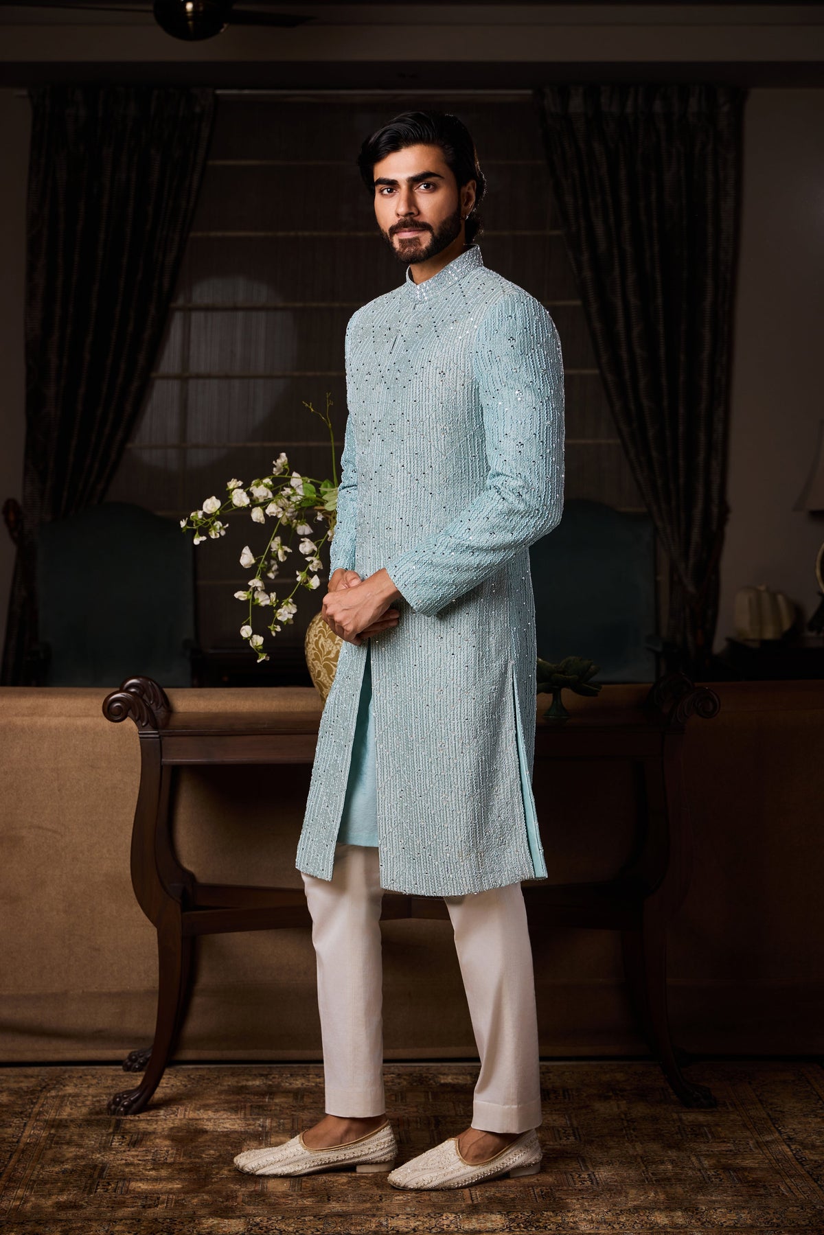 Jade Blue Raw Silk Sherwani Set