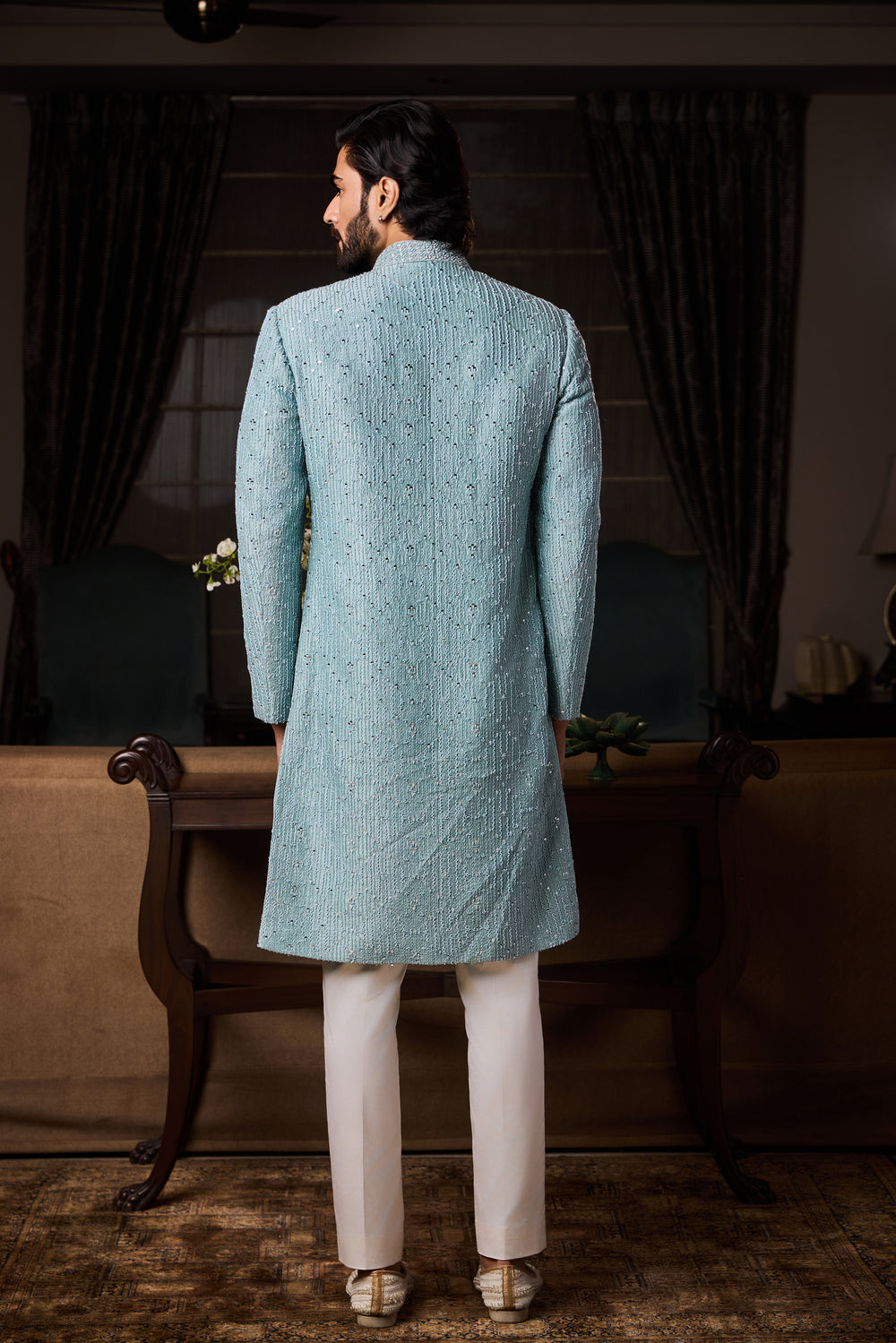 Jade Blue Raw Silk Sherwani Set