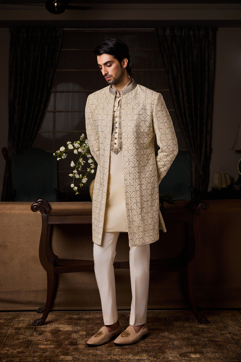 Beige Geometric Embroidery Sherwani Jacket With Salwar Set