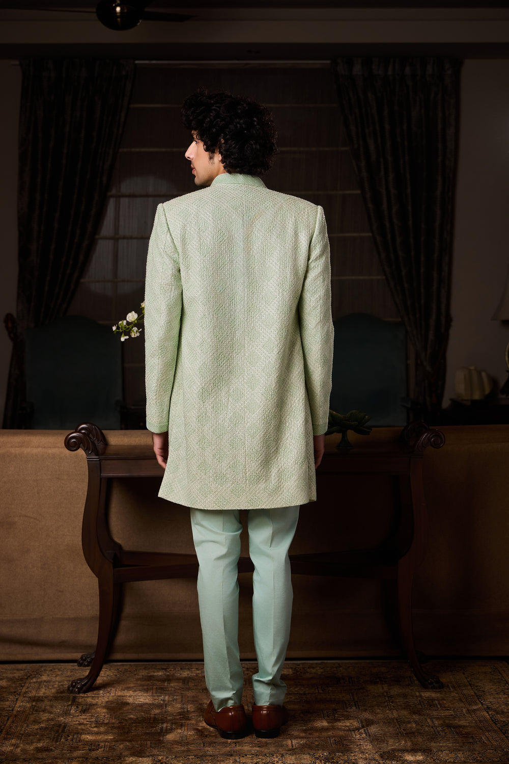 Mint Green Sherwani Jacket Kurta Trouser Set
