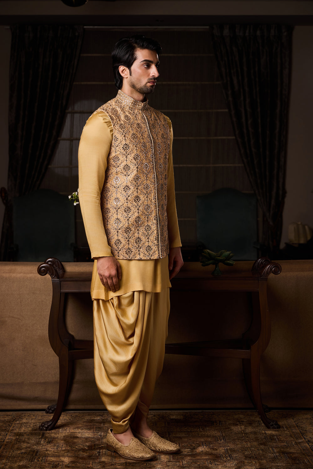 Gold Bundi Jacket Beige Kurta Churidar Set