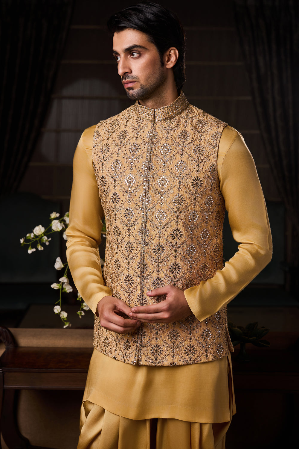Gold Bundi Jacket Beige Kurta Churidar Set