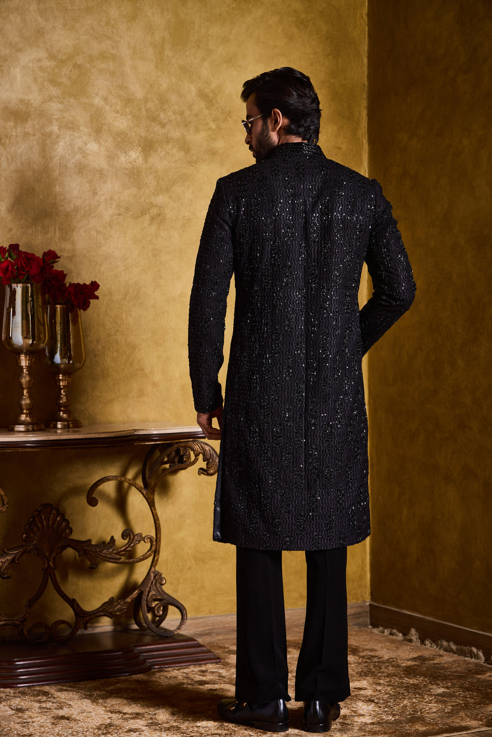 Black Embroidered Sherwani With Kurta And Pant Set
