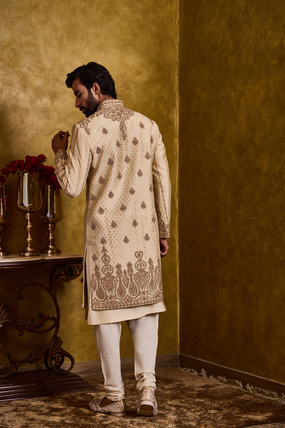 Beige Monga Booti Sherwani Set