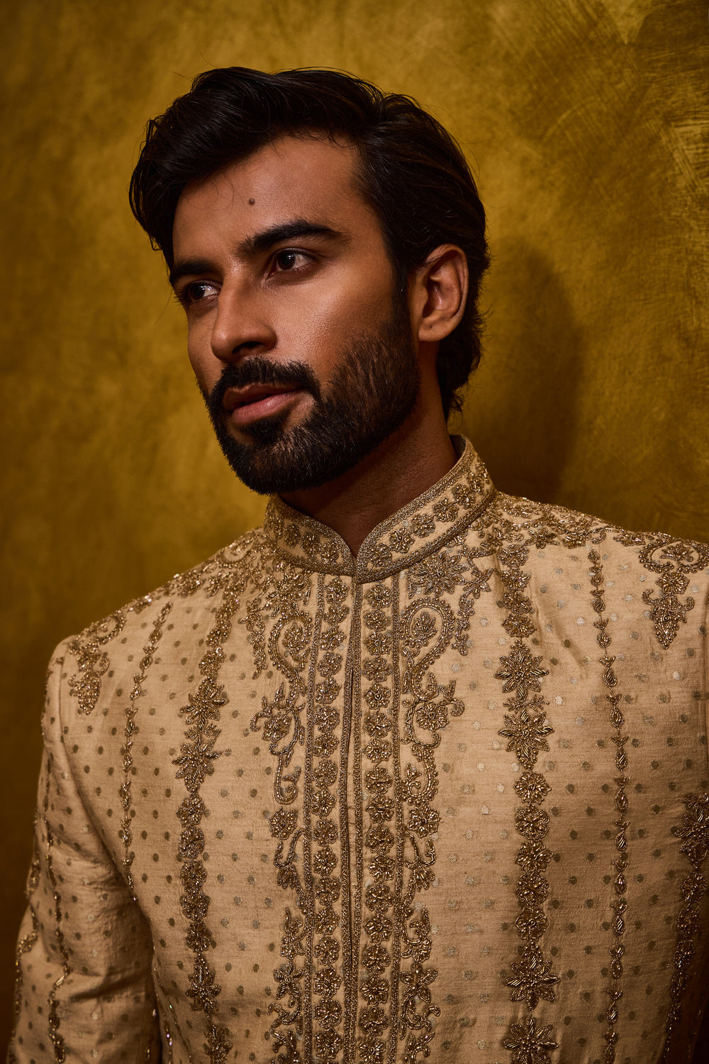 Beige Monga Booti Sherwani Set