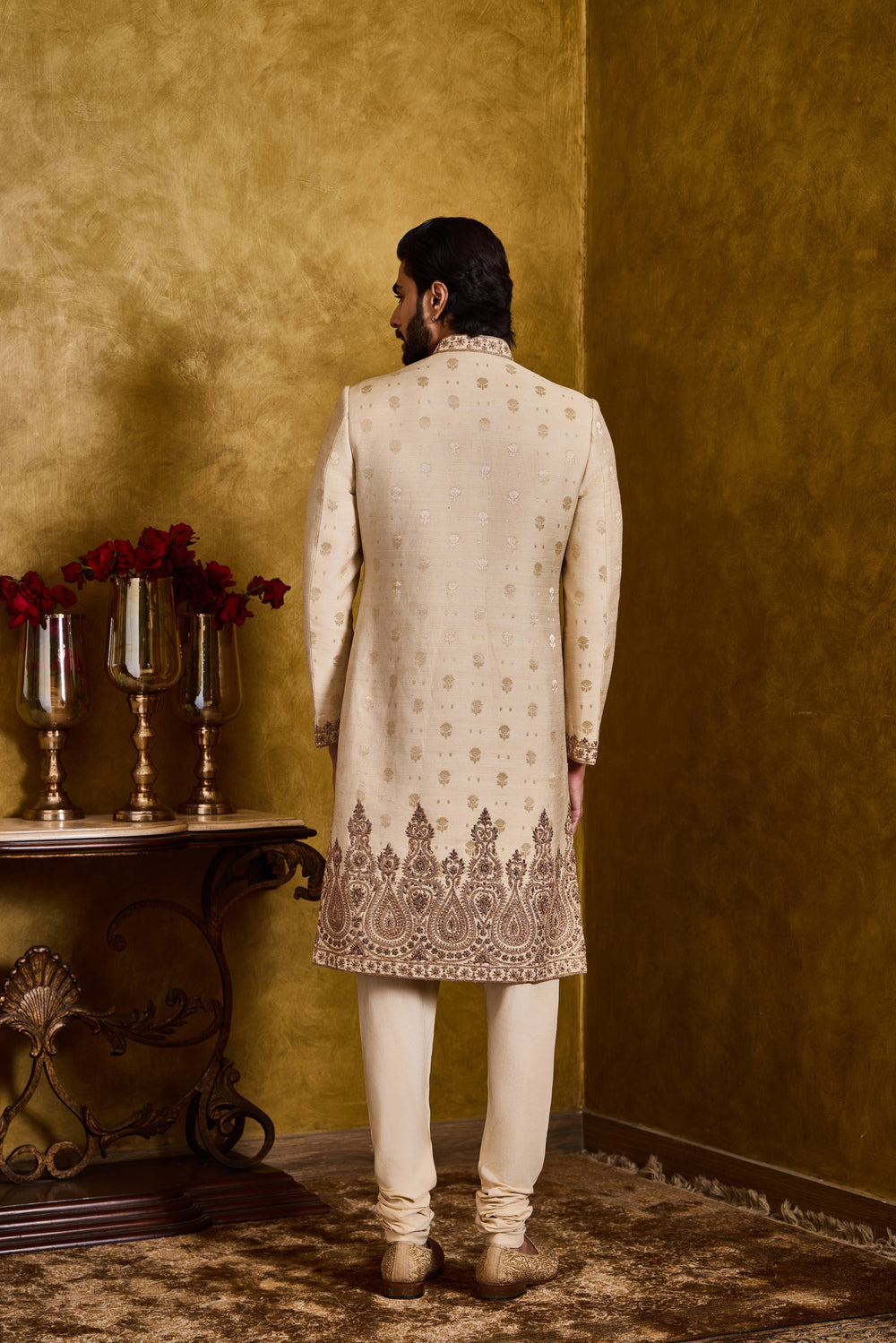 Beige Woven Monga Booti Sherwani Set