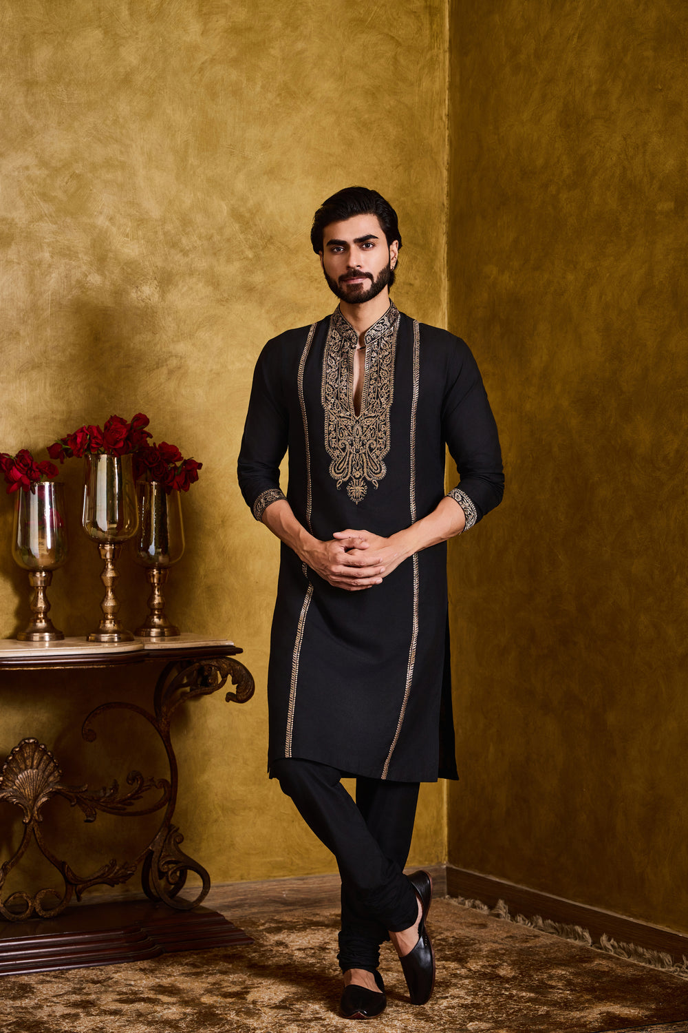 Black Cotton Silk Kurta Churidar Kasab Embroidery Set