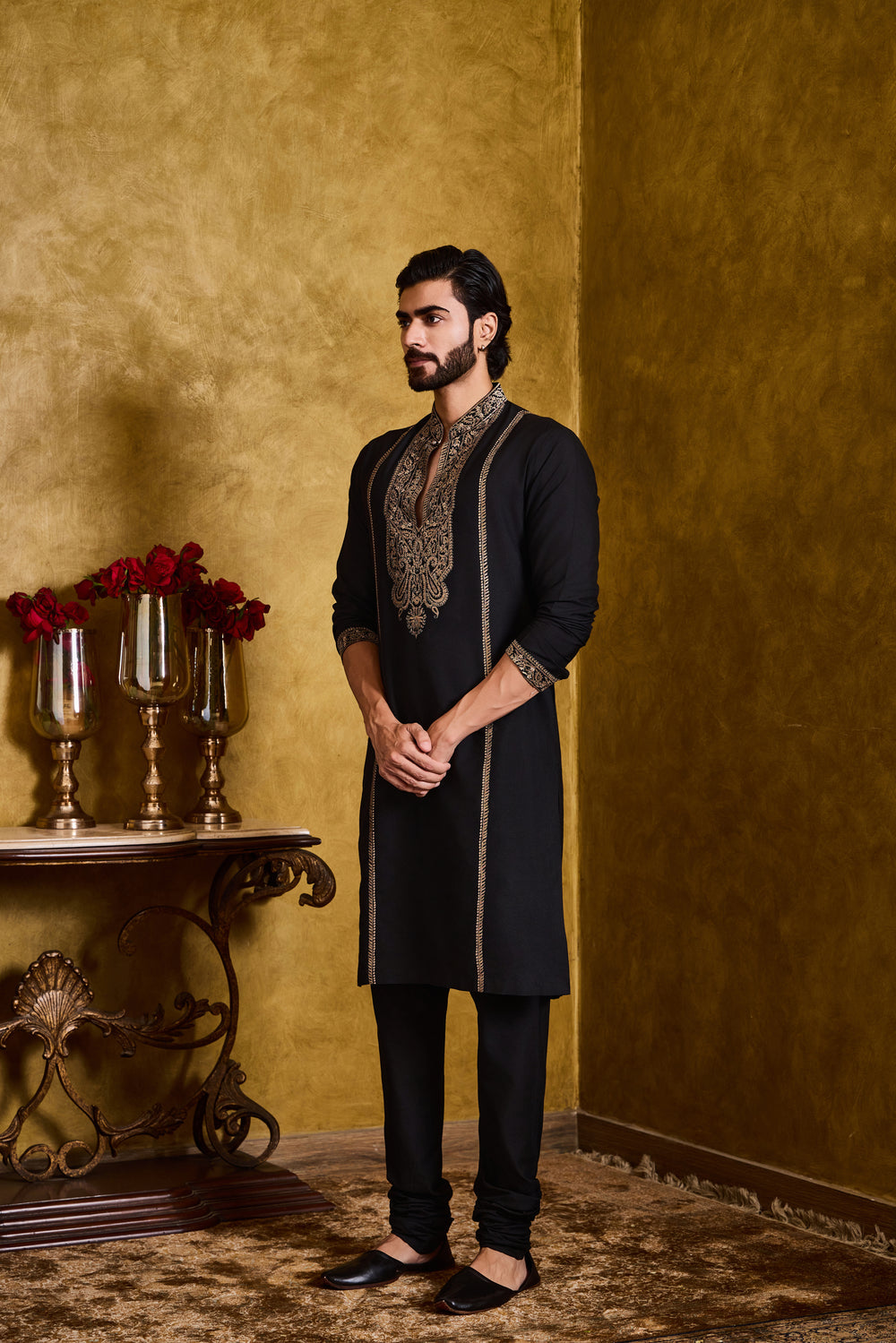 Black Cotton Silk Kurta Churidar Kasab Embroidery Set