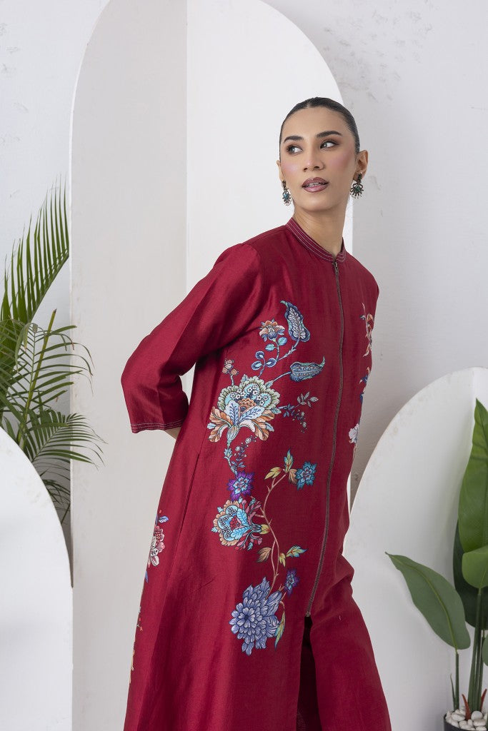 Maroon Silk Chanderi Floral Printed Front Open Dress (1 PC)