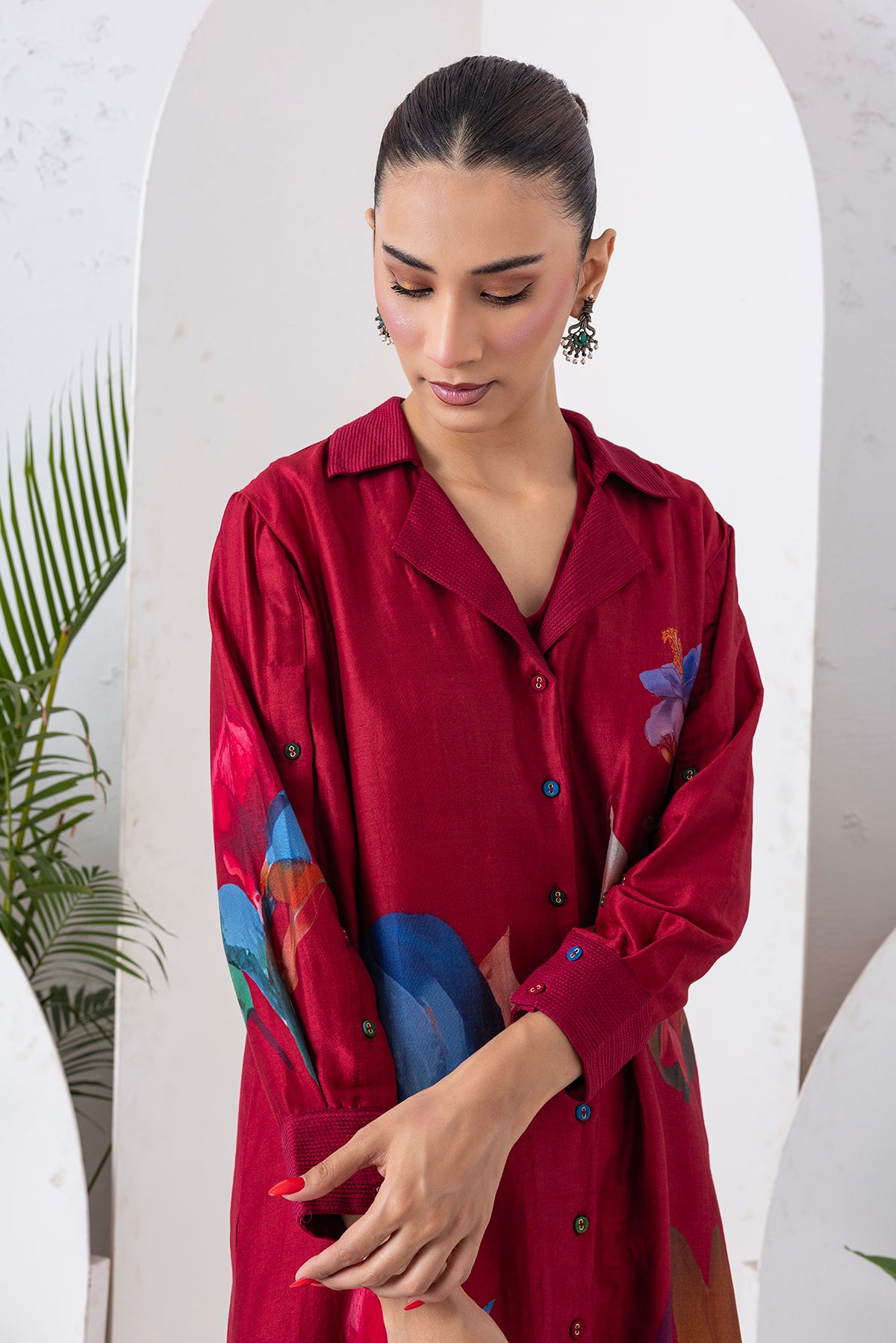 Red Viscose Dupion Printed Front Open Dress (1 PC)