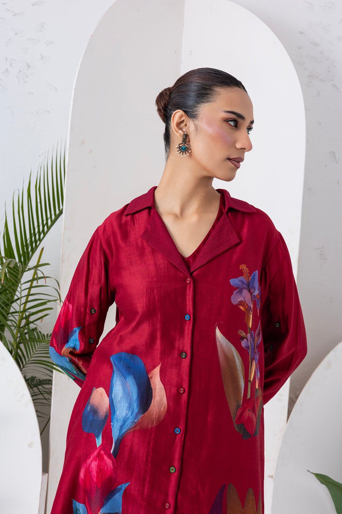 Red Viscose Dupion Printed Front Open Dress (1 PC)