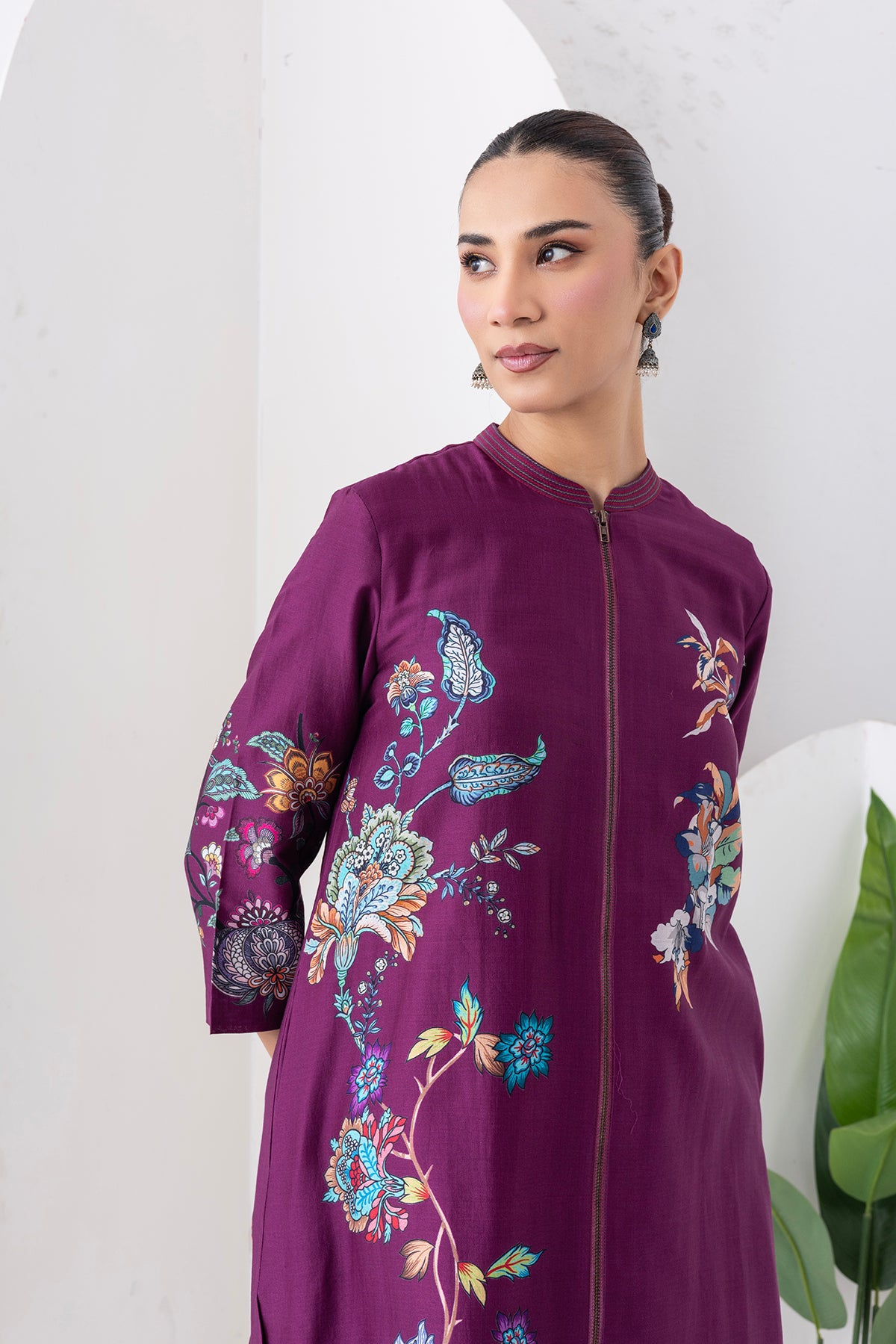 Wine Silk Chanderi Floral Printed Front Open Dress (1 PC)